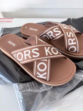 MICHAEL Michael Kors Tan Brown Logo Cross-Strap Slide Sandals